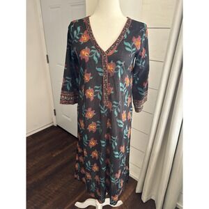 Anokhi Dress Womens‎ Extra Small Black Floral Print Boho Tunic Midi India XS
